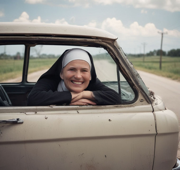 A smiling nun sits in a broken-down car by the roadside, showing resilience amidst the setback.
