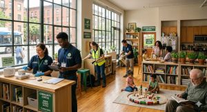 Warm urban community center with volunteers maintaining a clean pest-free environment