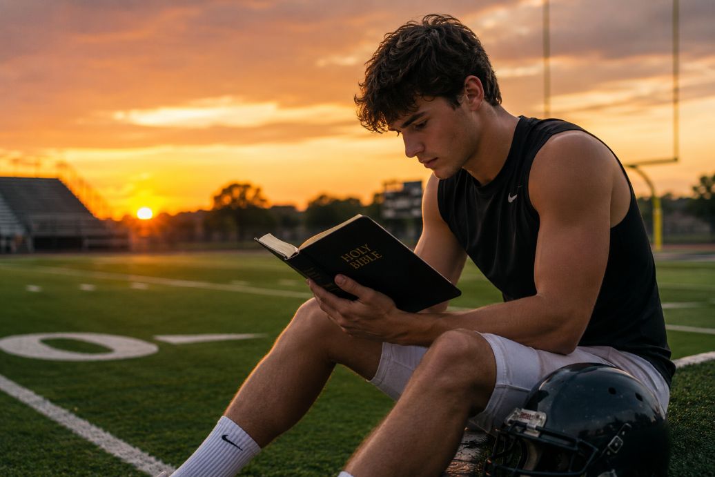 football field at sunset reading a Bible
